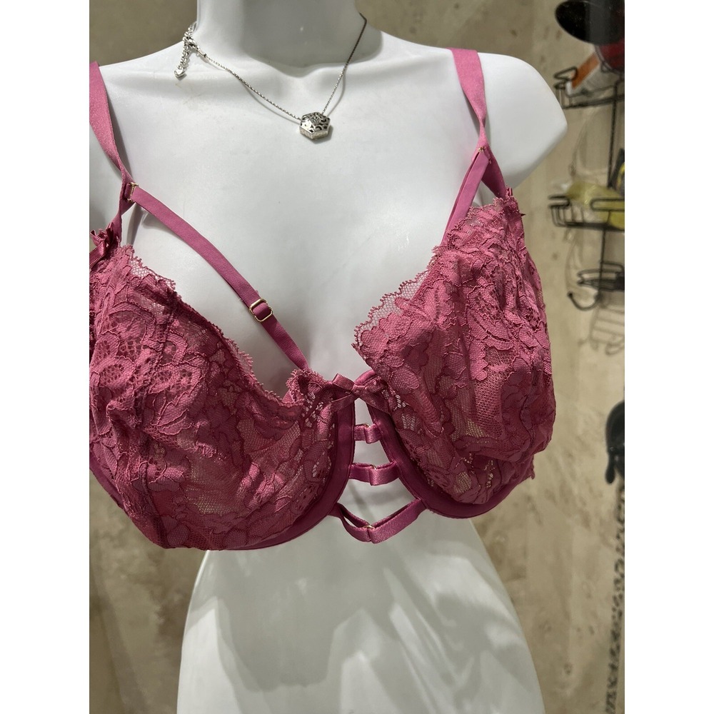 Cacique 44DD Unlined Balconette Bra Rose Pink Lace Strappy Vixen Plus Size